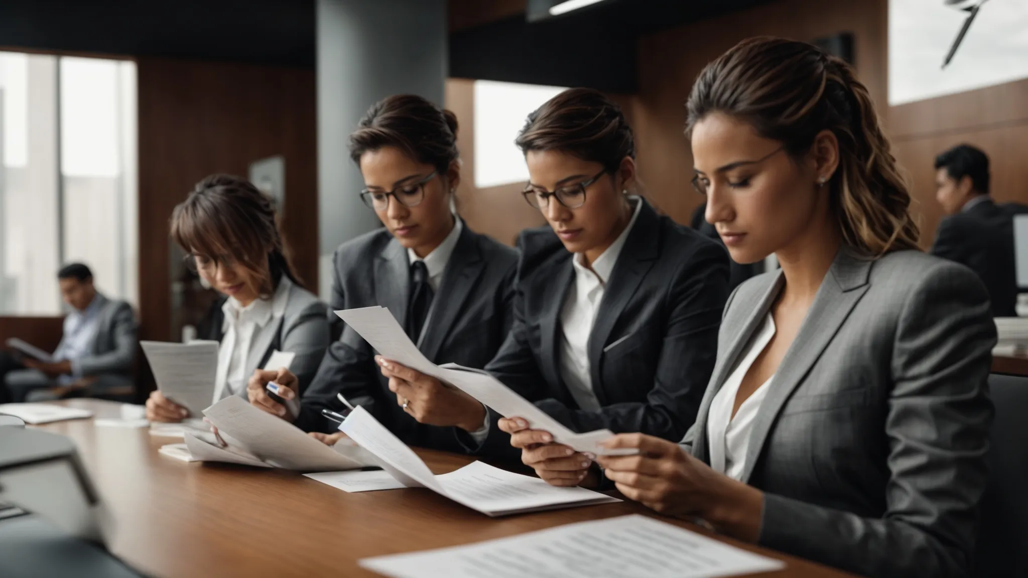 a professional business setting with people reading documents.