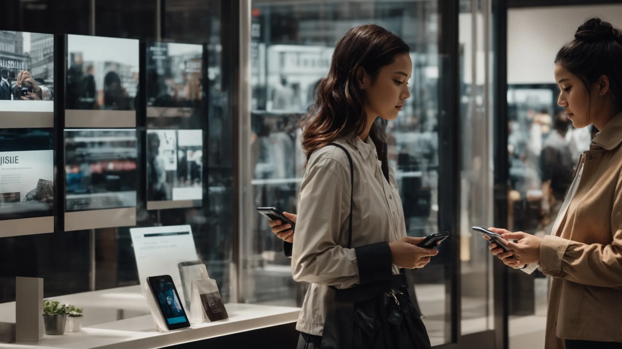 people interacting with digital screens and phones alongside store displays.