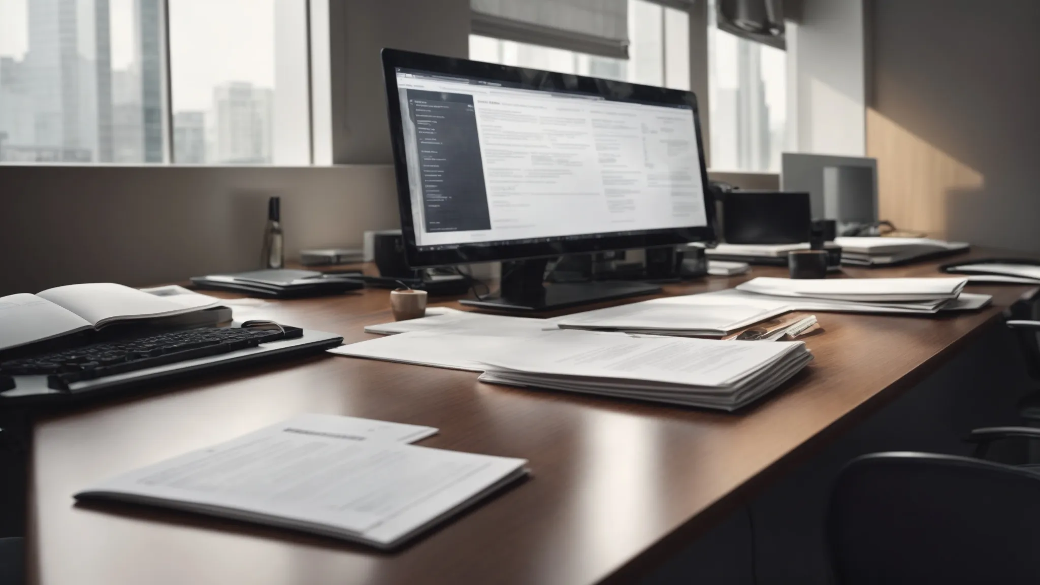 a modern office desk with compliance documents and a computer screen displaying regulatory guidelines.