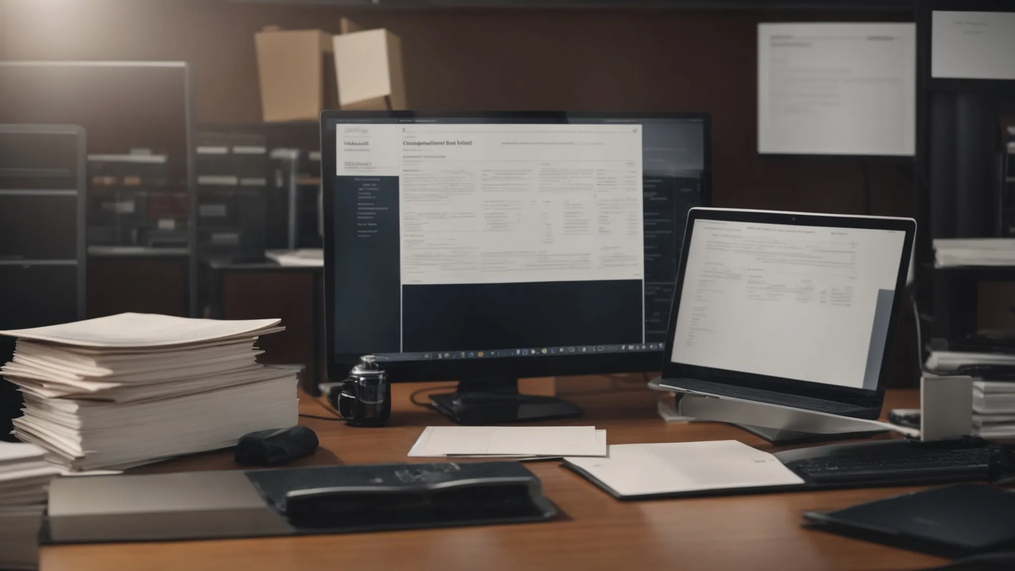 an office setting with compliance documents and a computer screen displaying regulations.