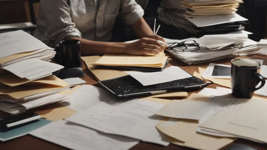 a person working at a desk covered with papers and a laptop.