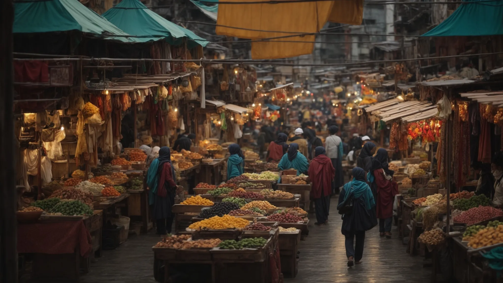 a busy marketplace with vibrant stalls displaying limited-time offers.
