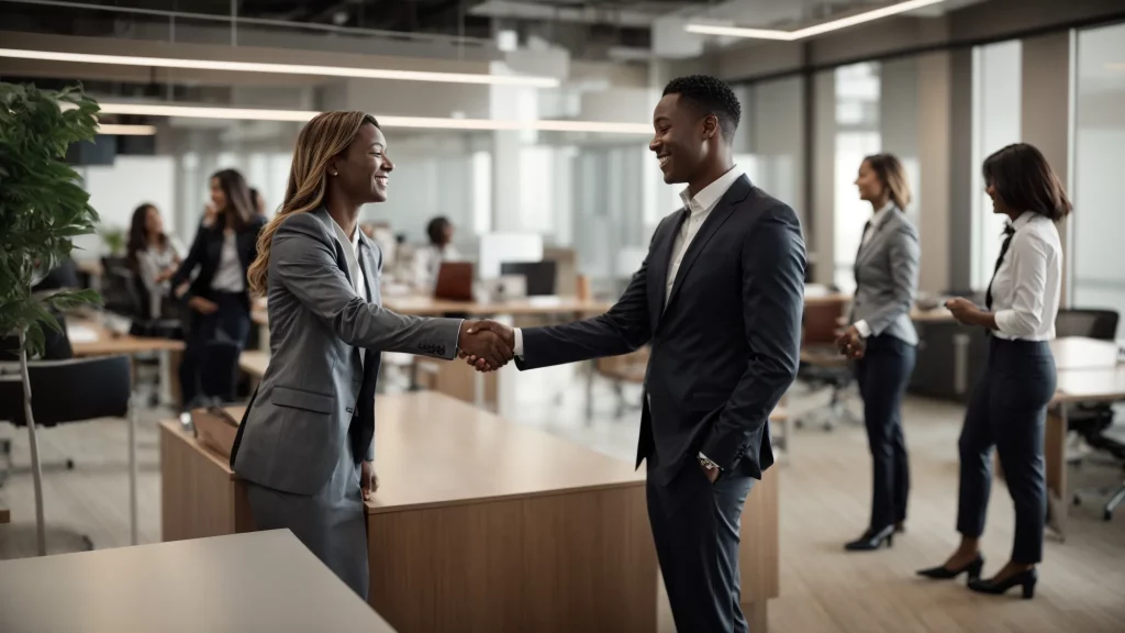 a business professional smiling and shaking hands with a colleague in an office setting.