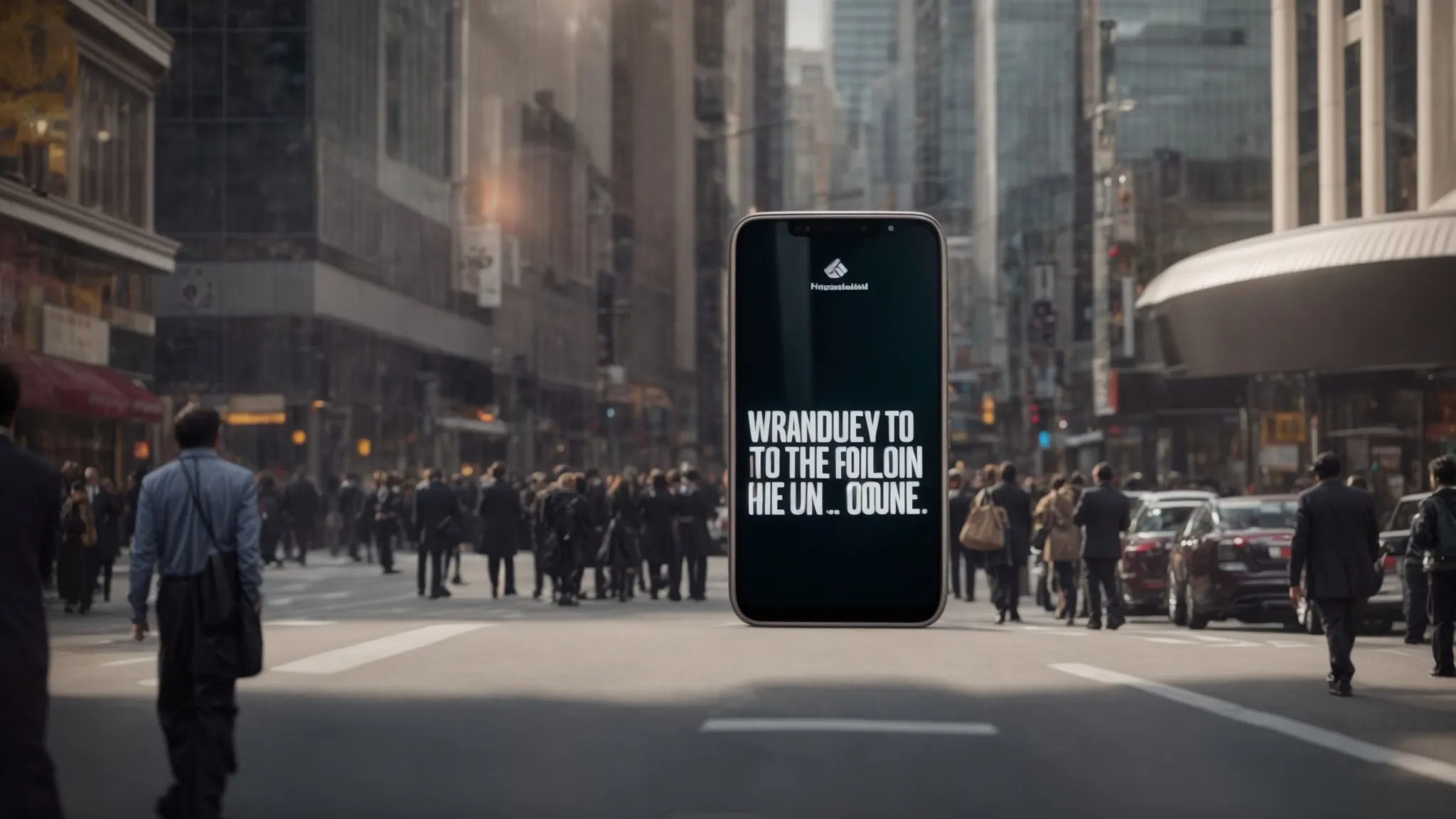 a phone displays a business's promotional message to a person standing in a crowded street.