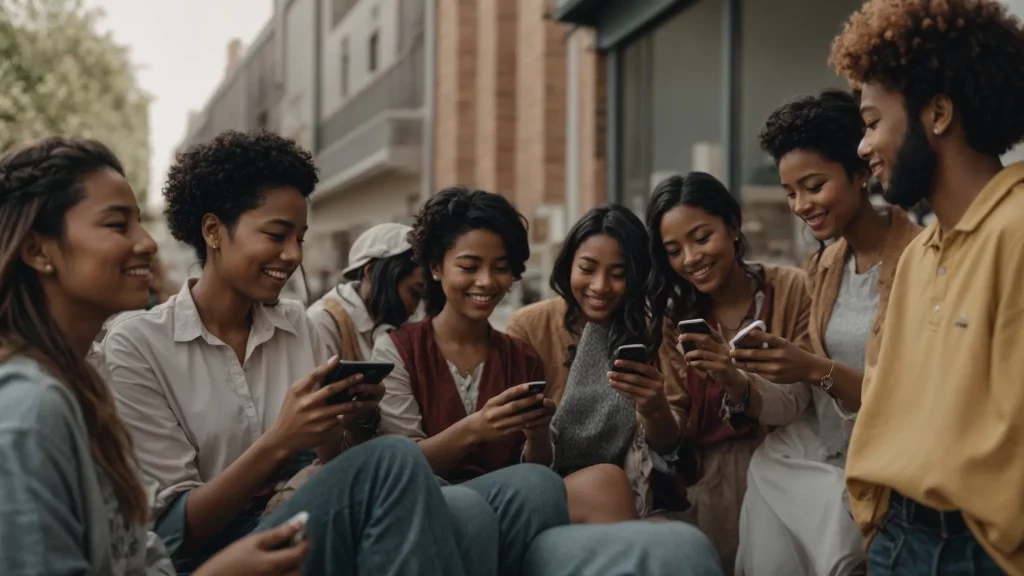 a cheerful group of people are looking at their phones.
