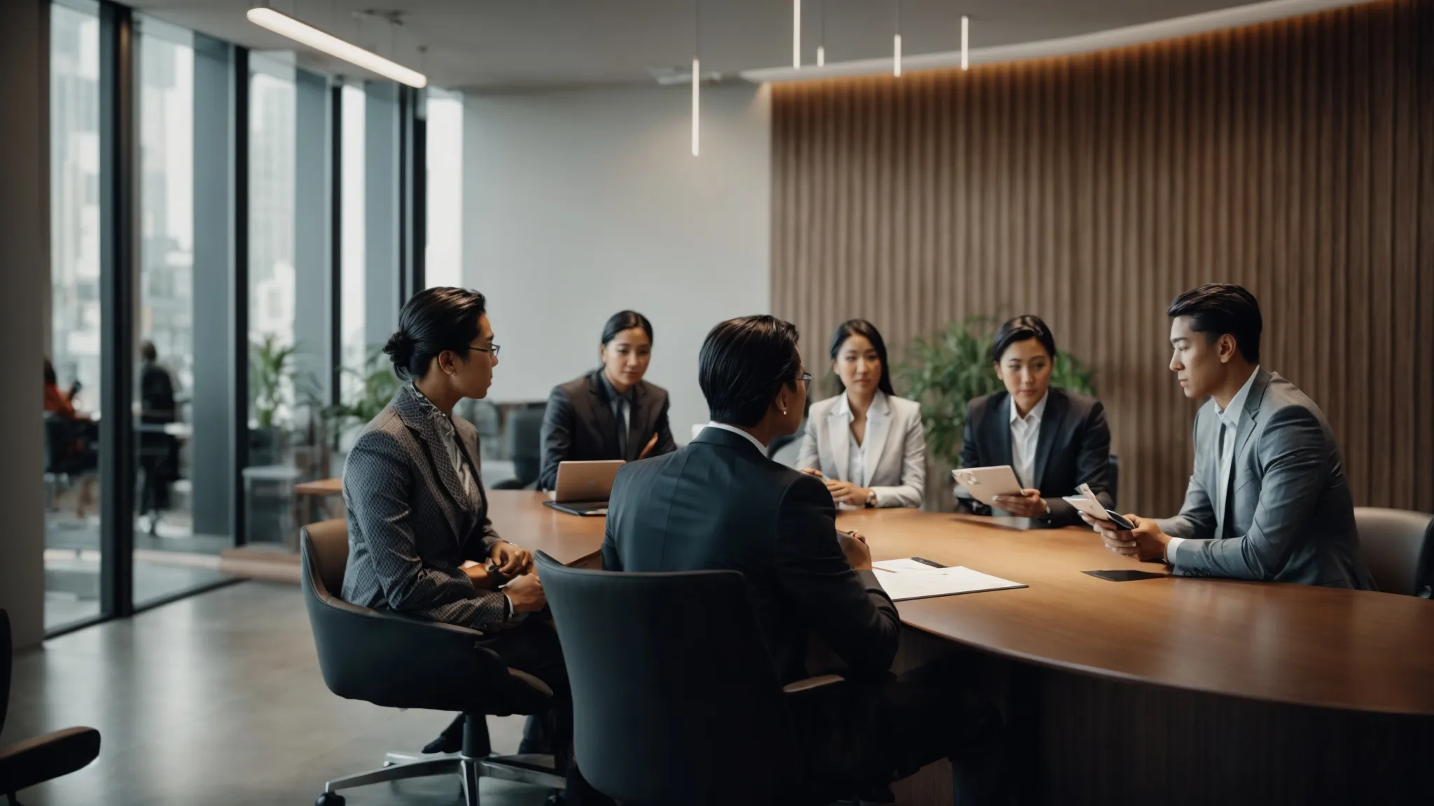 business professionals discussing data insights in a sleek, modern office.
