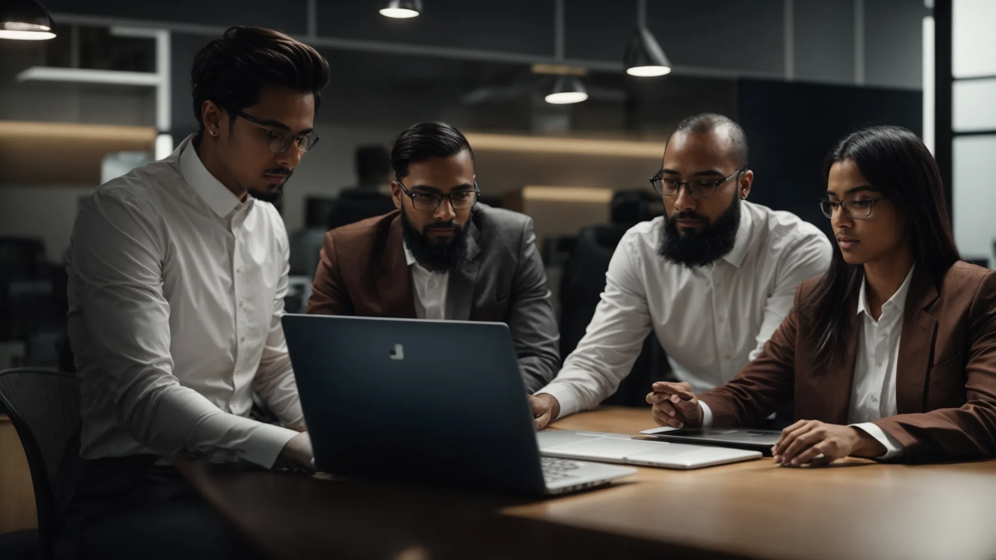 a professional team is collaborating over a laptop in a modern office setting.