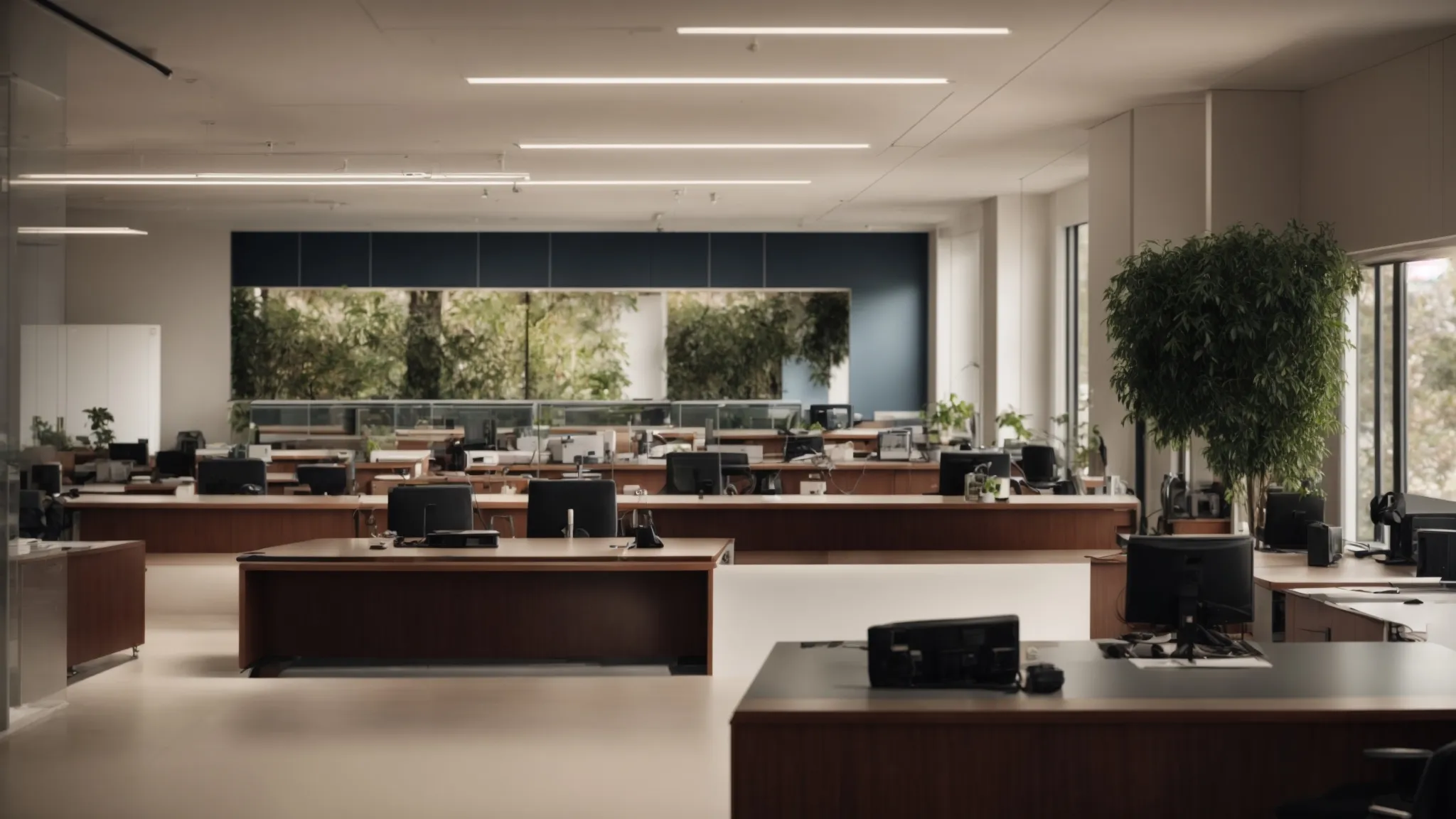 a serene office with a sleek telephone on a polished desk.