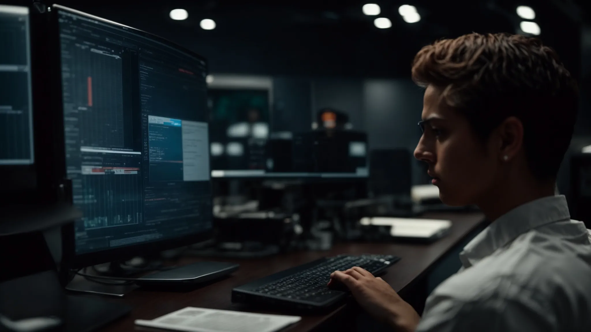 a professional looking at a computer screen intensely.